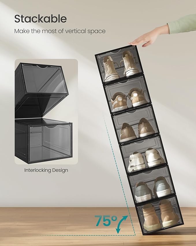 SONGMICS Shoe Boxes, Set of 12, Clear Plastic Shoe Storage, Stackable Sneaker Box, Drop Front Door, Up to US Size 11, Easy Assembly, 13 x 9.8 x 7.1 Inches, Transparent Black ULSP032B12