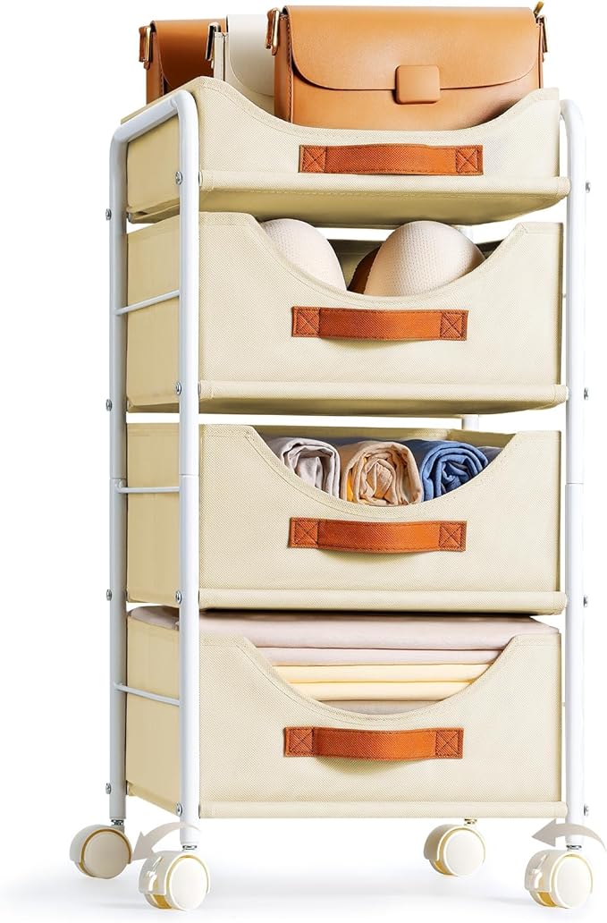 DIMJ Closet Organizers and Storage 4 Tier - Fabric Clothes Drawer Storage Bins, Stackable Rolling Storage Cart with Wheel, Small Dresser for Closet Bedroom Nursery Office