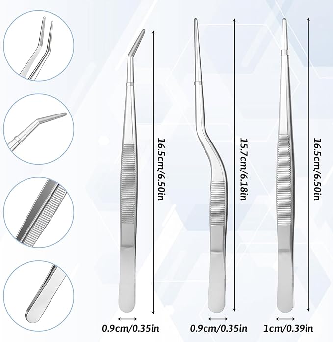 3PCS Long Tweezers for Plants, Multi-purpose Stainless Steel Tweezers Set for Crafts Tools, Small Gardening, Bonsai and Kitchen Use (6.18inches/6.5inches/6.5inches)