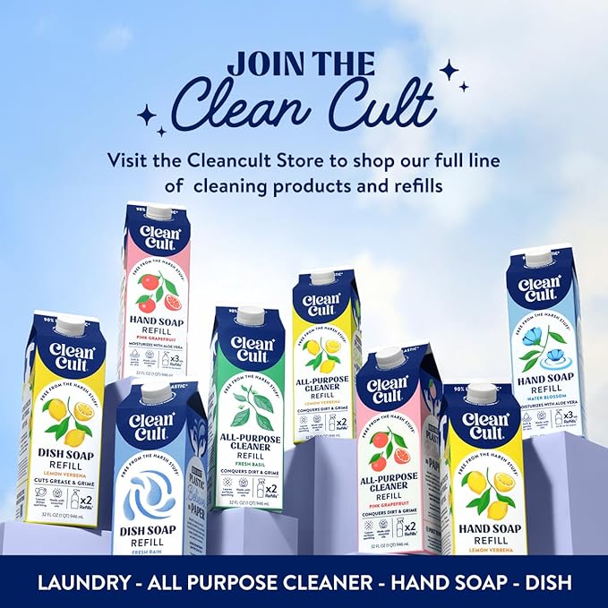 Cleancult Dish Soap Liquid Refills - Plant Based Cleaning Power - Cuts Grease & Grime - Free of Harsh Chemicals - Uses 90% Less Plastic - Free & Clear - 32 oz/3 Pack