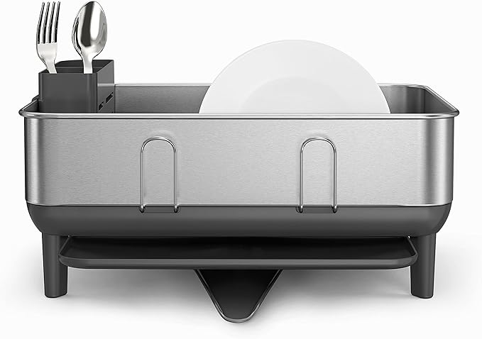 simplehuman Compact Dish Drying Rack with Stainless Steel Frame, 360º Easy Drain Swivel Spout, Utensil Holder, Anti-Residue Coating, Moisture Control Surface, Grey