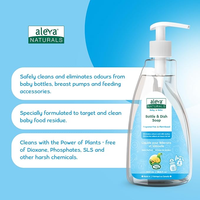 Aleva Naturals Hypoallergenic Bottle and Dishwash Liquid, Plant-Based & Fragrance-Free Formula, Dish Soap to Clean Baby Feeding Cups, Breast Pumps - 500 ml, 16.91 Fl Oz