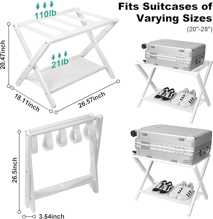 VASMIA Luggage Rack, Folding Suitcase Stand with Storage Shelf Set of 2, Bamboo Luggage Stand for Guest Room,Bedroon and Hotel,Holds up to 131 lb,Fit Most Luggage Size,White