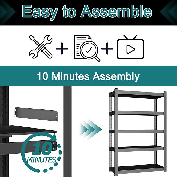 5-Tier Storage Shelves Heavy Duty Black 16" D x 36" W x 71" H, Adjustable Utility Rack Shelf, 3000 lbs Capacity, Storage Organizer for Garage, Home, Bathroom, Laundry, Storage Rack