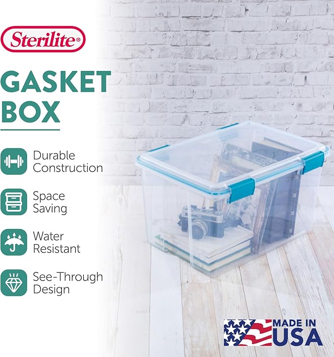 Sterilite 16-Pack Gasket Box, Weather-Resistant Storage Bins with Latching Lids, 54 Quart - Heavy-Duty Organizing Containers for Closet, Bathroom, and Office