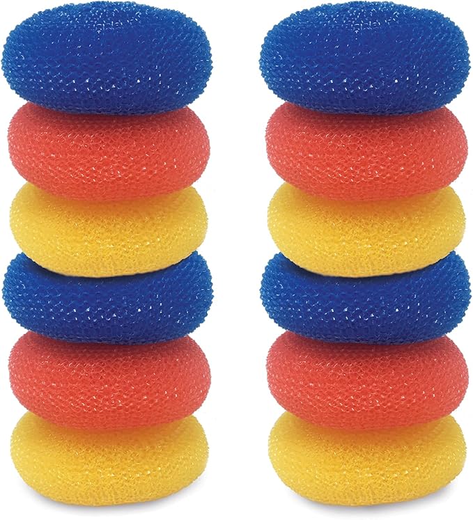 LOLA Jumbo 4" Plastic Mesh Scouring Pads, 12 Pack, Non-Scratch, Great for Pots, Dishwashing, Sinks, Appliances, Assorted Colors