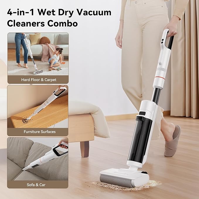 JONR ED20 Pro 4-in-1 Wet Dry Vacuum Cleaner Cordless,17000 Pa Vacuum Suction Power, Self-Cleaning and Automatic Drying with One Click, Intelligent Voice Reminder