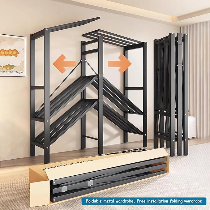 Heavy Duty Covered Clothes Rack with Magnetic Door Foldable Portable Wardrobe Closet for Hanging Clothing Rolling Black Metal Garment Rack on Wheels Closet System (Navy Blue, 58.9in)