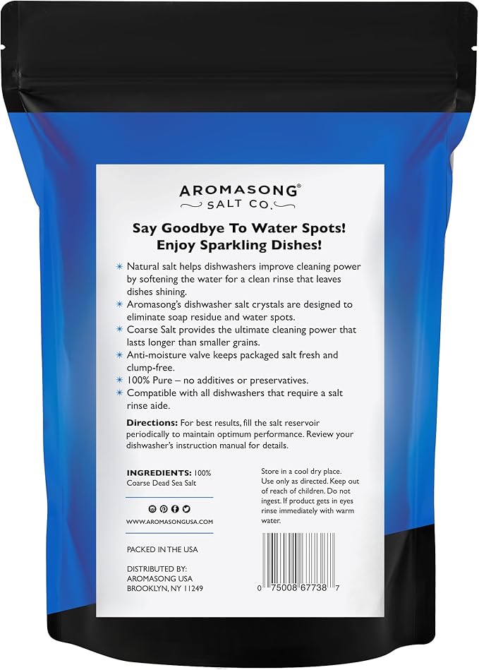 Aromasong Dishwasher Salt 5 LB - 100% Natural Water Softening Agent Compatible with Bosch, Miele, Whirlpool, Thermador and More... For Cleaner Dishes & Washer Reactivation (packaging may vary)