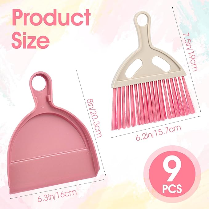 9 Pcs Small Dustpan and Brush Set Mini Broom and Dustpan Set with Handle Nesting Portable Cleaning Tools for Home Office Car Keyboard Countertop and Pet Nest (Blue Red Green)