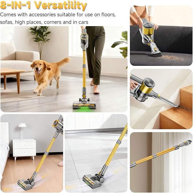 Shieal Cordless Stick Vacuum Cleaner - 45KPA Powerful Suction Vacuum with 45 Min Runtime, Detachable Battery, Anti-Tangle & 1.5L Dust Cup, 8 in 1 Vacuum Cleaner for Pet Hair, Carpet, HardFloor, Yellow