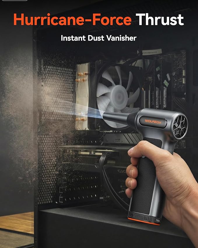 WOLFBOX MF200-2PK Compressed Air Duster - 2 Swappable Battery Packs & Case, Hurricane-Force Electric Air Blower for PC, Car Detailing, Camping & Home, High-Pressure Duster for Narrow Gaps & Crevices