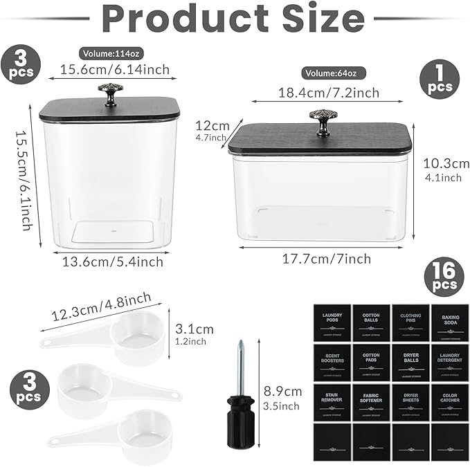 4 Pack Laundry Pods Container & Dryer Sheet Holder - Clear Plastic Laundry Room Organization Storage Containers with Black Lids, Scoops & Labels for Detergent Pods, Powder, Scent Boosters, Beads