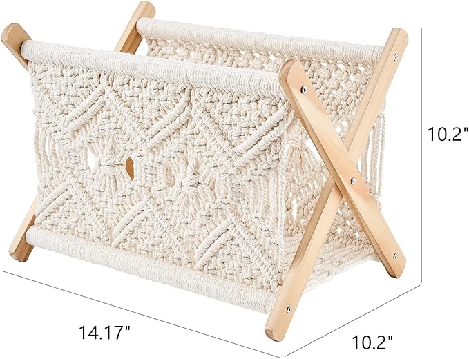 Mkono Macrame Magazine Rack Boho Storage Holder Standing Basket for Books, Newspapers, Swaddle Blanket, Dorm Essentials, Living Room, Bathroom, Office, Nursery, Home Decor, Medium Size, 14”L x 10”W