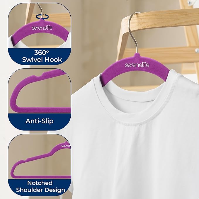 SereneLife 200 Pack Velvet Hangers - Non-Slip Felt Hangers with 360° Swivel Hook, Space-Saving, Ultra-Thin, Lightweight for Shirts, Sweaters, Hoodies, Kids Clothes & Dresses (Purple)