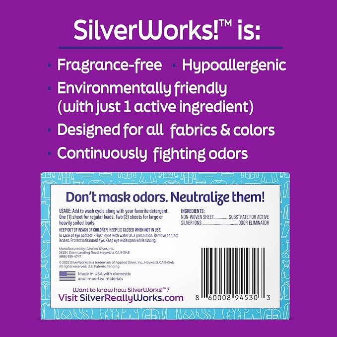 SilverWorks! Deodorizer Laundry Odor Eliminator For Clothes - Natural Silver Ion Infused Washer Sheets - Laundry Deodorizer Odor Eliminator - Lasting Laundry Odor Remover Dryer Deodorizer –24 Loads