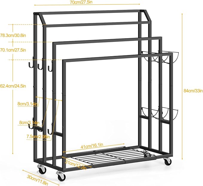 Towel Rack for Bathroom Freestanding Towel Holder Stand Black Blanket Holder for Floor Large Towel Cart with Wheels, Storage Shelves, 6 Metal Hooks for Bathroom, Pool, Living Room