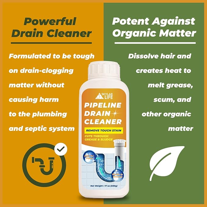 Skylarlife Concentrated Pipeline Drain Cleaner Powder, Drain Clog Remover, Remove Grease and Soap Scum Dissolver for Bathroom, Kitchen, Shower, Sink and Toilet, Safe for Pipes & Septic Systems, 17 oz