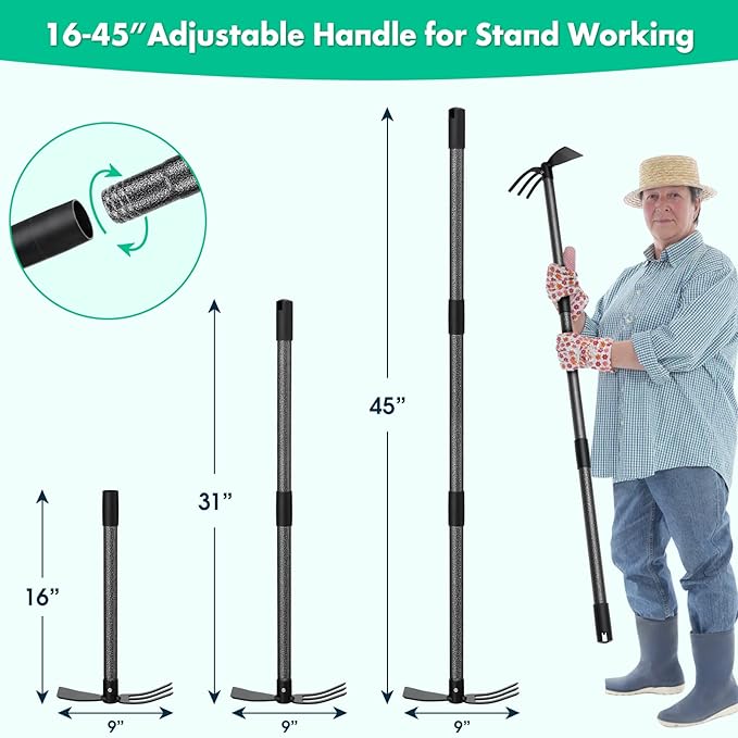 Lilyvane Hoe Garden Tool,45 Inch Long Garden Hoe and Cultivator, Garden Hand Tiller with Long Handle,Heavy Duty Garden Tools Hoe Cultivator for Gardening,Weeding, Tilling,Lossening Soil,Planting