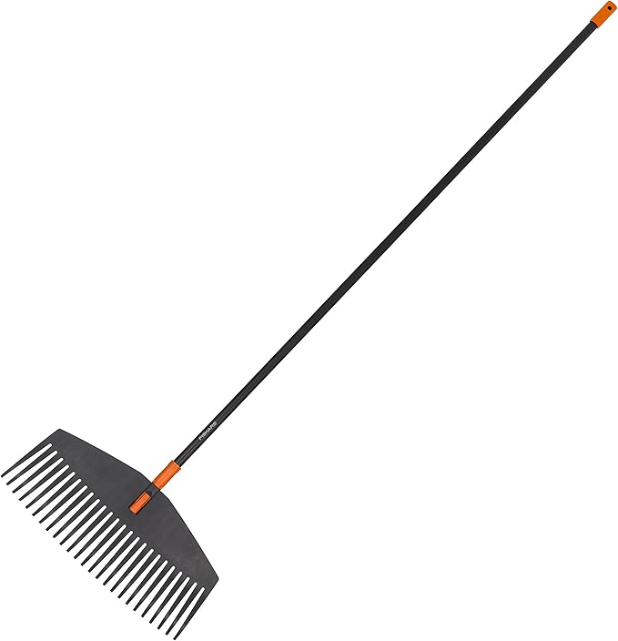 Fiskars Solid Broom, 25 prongs, Length: 175 cm, Width: 52 cm, Plastic Prongs/Aluminium Handle, Black/Orange, L, Solid, 1003465
