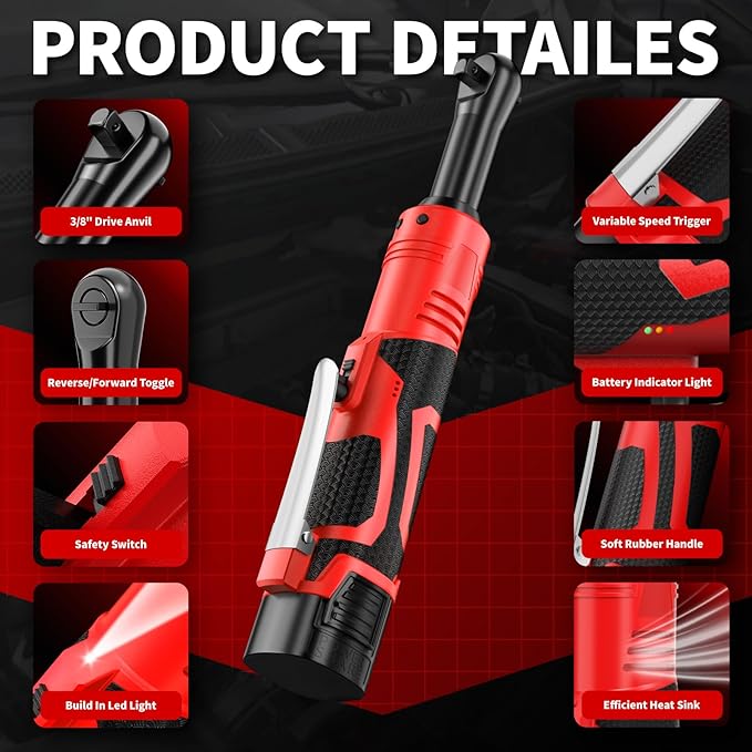 Electric Ratchet Wrench Set,40 Ft-lbs, 550 RPM, 16.8V Cordless Ratchet Wrench 3/8", Variable Speed Power Ratchet Tool Kit with 1/4" Adapter, LED Light, 2 * 2.0Ah Batteries and Fast Charger