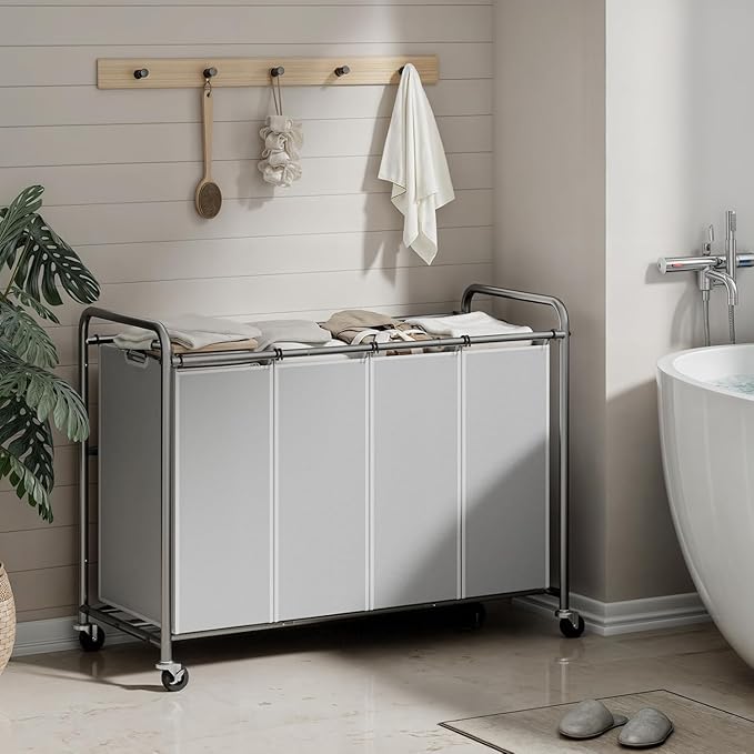ROMOON Laundry Hamper Sorter Cart: 4-Section Organizer with Heavy-Duty Lockable Wheels and Removable Bags | 180L Rolling Laundry Basket for Dirty Clothes in Laundry Room or Small Spaces (Gray)