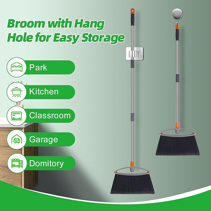 Soft Bristle Broom, Heavy Duty Broom with Collapsible Handle, Ideal for Indoor Outdoor Hardwood Floors Kitchen Salon Camping Cat Pets Hair Home Room Office, Sturdy and Durable, Gray