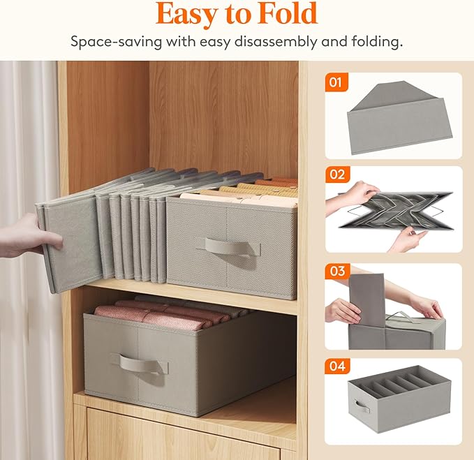 Lifewit 4 Pack Clothes Organizer, 6 Grids Closet Jean Storage Bins with Handles and Support Boards, Foldable Drawer Organizer for Sweater, Pants, T-shirt, Dress, Grey, 42 x 27 x 17 cm/16x10x7''