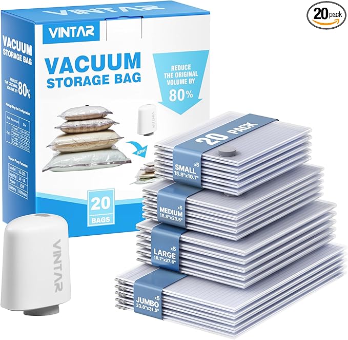 Travel Vacuum Seal Bags for Clothing with Rechargeable Cordless Pump, VINTAR 20 Pack (5J+5L+5M+5S) Carry-on Size Space Saver Vacuum Storage Bags, Compression Packing Bags for Luggage and Suitcase