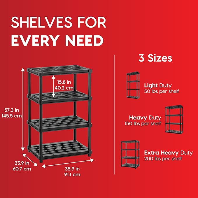 IRIS USA 4-Shelf Extra Heavy Duty Deep Plastic Storage Shelves, 800lb Capacity, 57" H x 36" W x 24" D, Large Modular Shelving Unit Storage Organizer for Garage, Home, Warehouse & Gym, Rack - Black