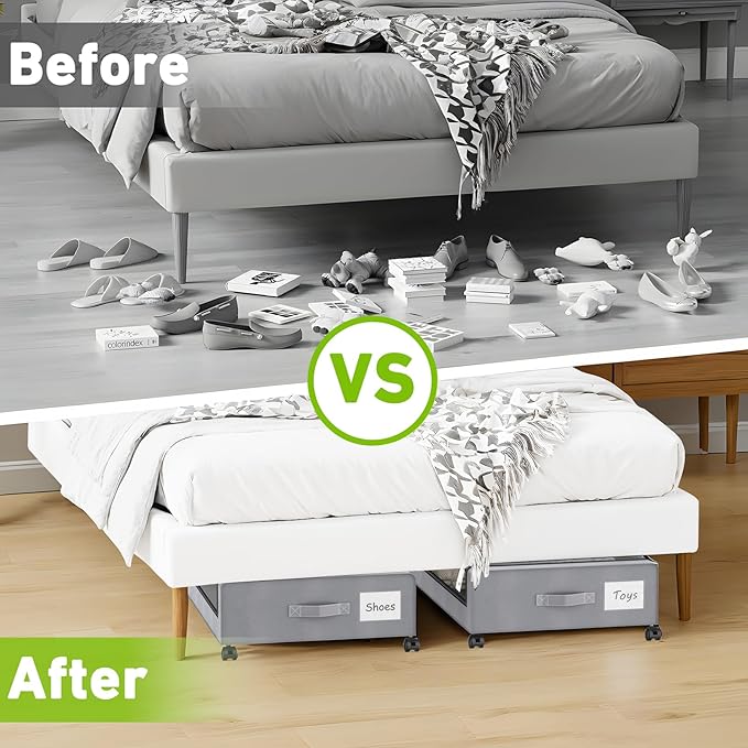 Molutsody Under Bed Storage with Wheels, 4-Pack Underbed Storage Containers with Clear Lids, Under Bed Shoe Storage Organizer, Rolling Under Bed Storage for Clothes Shoes Blankets (Grey)