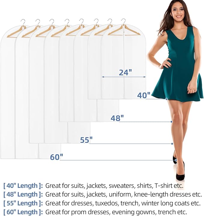 55" All Clear Garment Bags for Hanging Clothes, 5 Packs Dress Bags for Gowns, Plastic Waterproof Garment Covers with Zipper for Long Coats, Dresses, Trench (Set of 5)