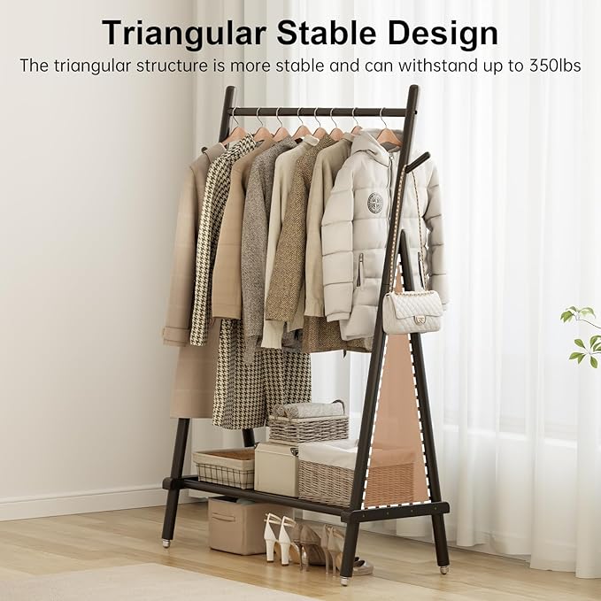 Muwuele Solid Wood Clothing Rack, Rolling Clothes Rack for Hanging Clothes, Garment Rack with Shelves Load 350 Lbs, Portable Closet Organizer on Wheels for Hanging Clothes (Black)