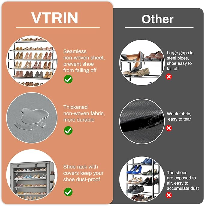 VTRIN Tall Shoe Rack with Cover, 10 Tier Shoe Organizer Storage for 50-55 Pairs Shoes and Boots Large Capacity Shoe Shelf with 8 Pockets Free Standing Shoe Rack for Closet, Entryway, Garage, Grey
