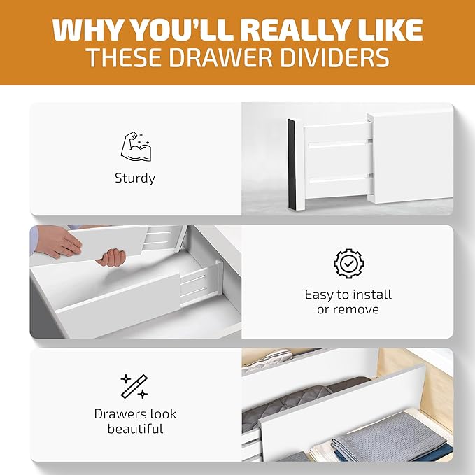 6 Pack Drawer Dividers 4 Inch High, 11”-17" Adjustable Bamboo Organizers Large Expandable Drawer Separators for Cloths, Dresser, Bedroom, Bathroom, Baby Drawer, Office & Kitchen Utensils (White)