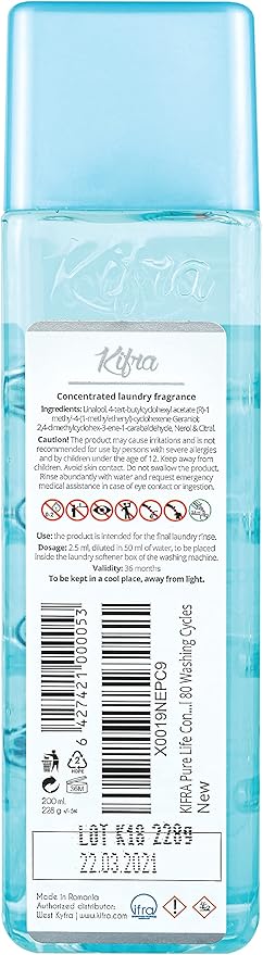 KIFRA PURE LIFE Concentrated Laundry Fragrance 6.76 Fl Oz 200ml 80 Washing Cycles