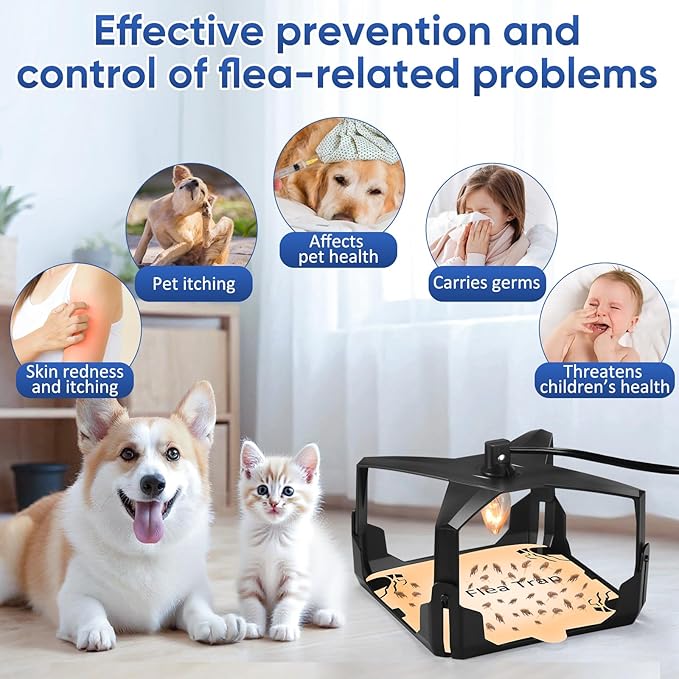 Flea Trap for Inside Your Home - 6 Bulbs & 8 Sticky Glue Boards for Bed Bug Control, Flying Insects Killer, Trap Pest Control for Bugs Gnats Moths Indoor and Outdoor（Black）