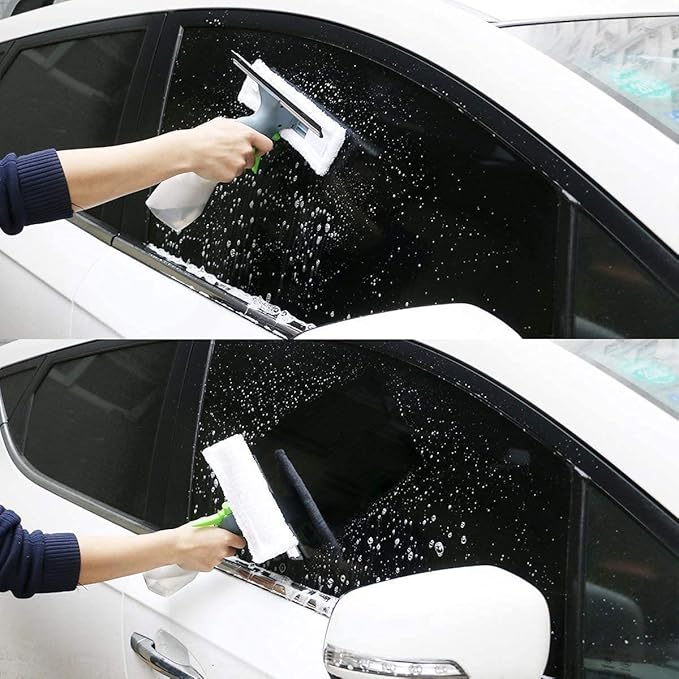 3 in 1 Window Cleaner Squeegee,Microfiber Window Washer,Glass Cleaning Tool Wiper with Spray Bottle for Home Window, Car Window