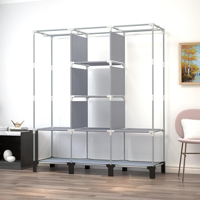 Portable Wardrobe with 10 Storage Racks and 2 Hanging Poles, 6 Side Pockets Non-Woven Cover, Size 130 x 45 x 172 cm, Bedroom Closet Organizer (Gray)
