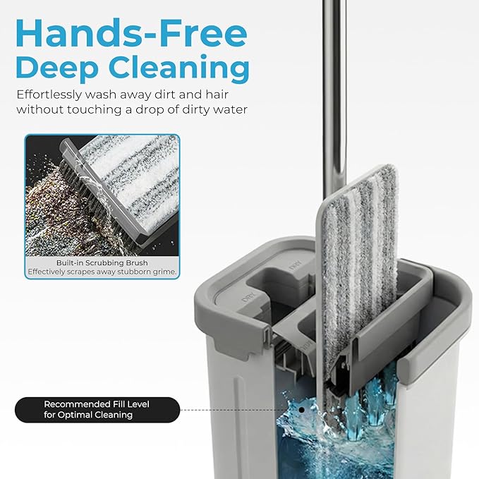 Mop and Bucket Set, Floor Mop and Bucket with Wringer Set, Wet and Dry Mop for Hardwood Floors, Vinyl, Tile, Baseboards and Walls (4 Washable Microfiber Pads Included)