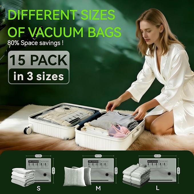 Vacuum Bags for Travel - USB Electric Pump, 15 Pack Carry-on Size Vacuum Seal Bags for Clothing - Space Saver Vacuum Storage Bags for Luggage, Travel Essentials.