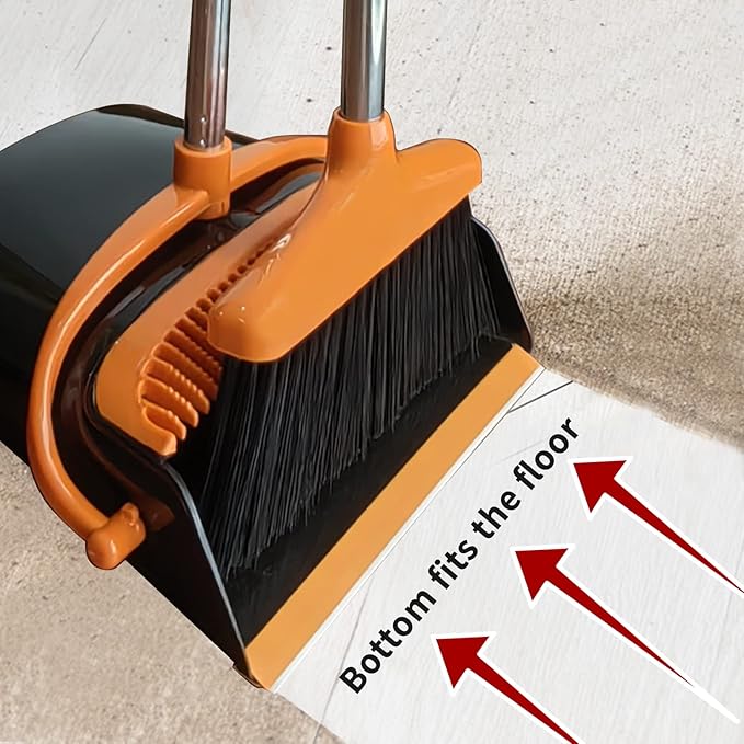 Broom and Dustpan Set (53" L) Adjustable Length Stainless Steel Broomstick Standing Dustpan and Broom for Office Home Kitchen Lobby Floor (Orange and Black)