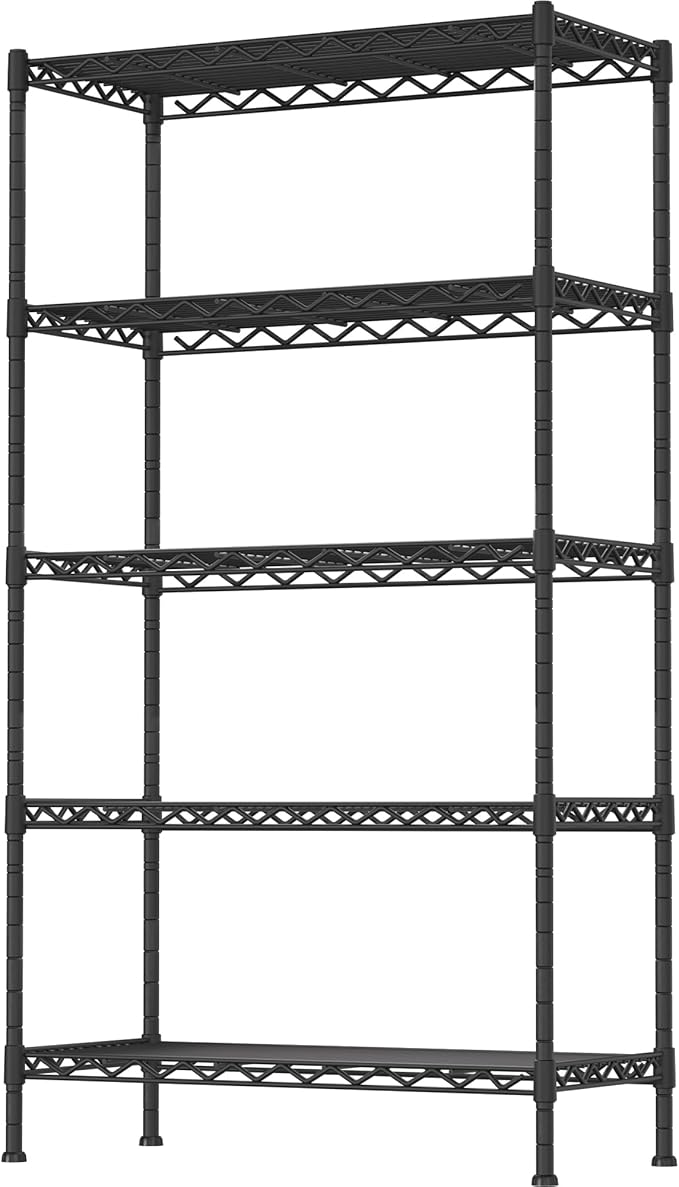 Soywey 5-Shelf Adjustable Heavy Duty Storage Shelving Unit, Metal Organizer Wire Rack for Laundry Bathroom Kitchen Pantry Closet, Black