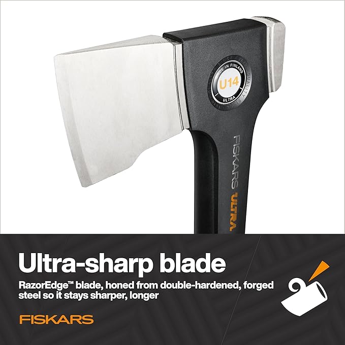 Fiskars Ultra Universal Axe U14, Precision-Ground RazorEdge Double-Hardened Steel Blade Stays Sharp, Lightweight FiberComp Shaft & SoftGrip Handle for Chopping & Kindling, 14", Black