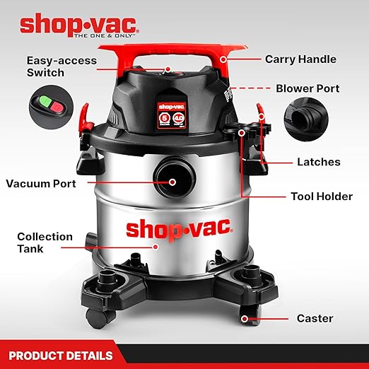 Shop-Vac 5430162 Wet/Dry Vacuum, 5 Gallon, 4 Peak HP, 1-1/4 Inch Diameter x 7 Foot Hose, 6 Foot Cord, Ideal for Jobsite, Garage, Workshop & Home
