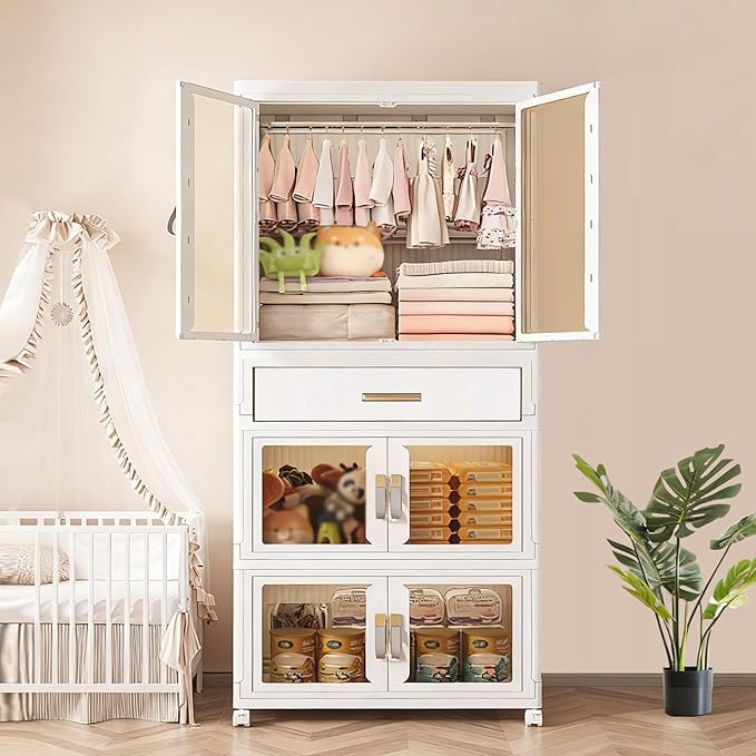 Portable Kids Wardrobe, Plastic Closet Organizer with Hanging Rod, Collapsible Wardrobe Closet Storage Cabinet for Bedroom, Easy to Install (White, Large)