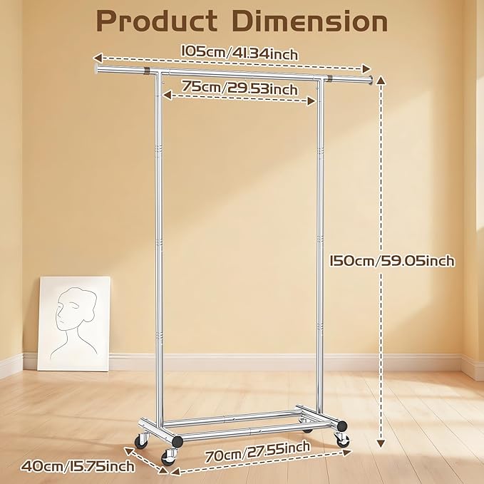 Clothes Rack for Hanging Clothes, Sturdy Stainless Steel Clothing Rack, Portable Garment Rack with Extendable Hanging Rod, Adjustable Rolling Coat Rack with Anti-Slip Wheels for Home Conmercial Store