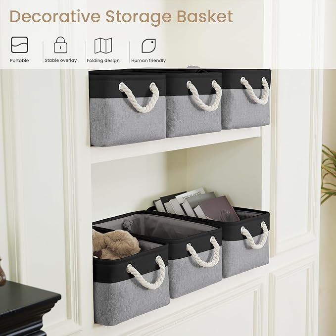 Storage Baskets for Shelves 13.8x9.8x6.7 Inch-Foldable Fabric Organizing Storage Bins with Handles, Closet & Bathroom Organizer, Home Storage for Kitchen, Office (1-Pack, Black&Gray)
