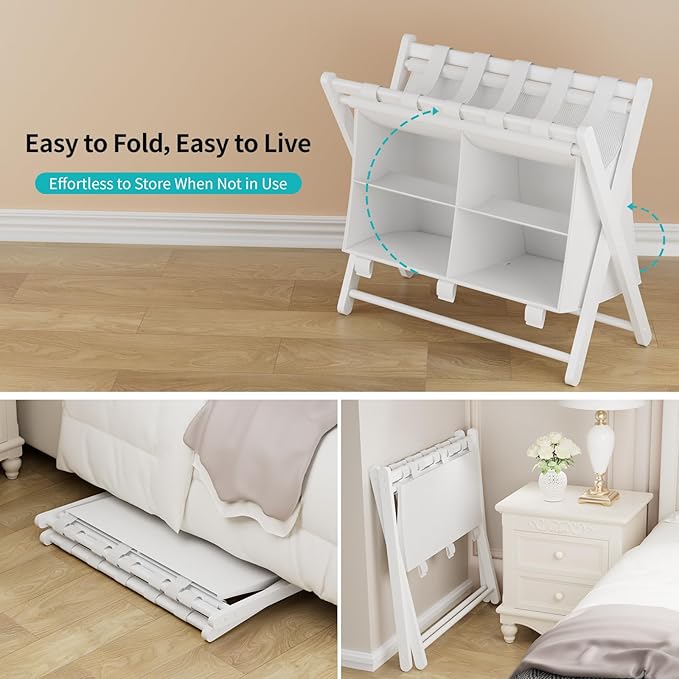 Folding Luggage Rack, 2-Pack White Bamboo Suitcase Stands with 4 Storage Compartments , Sturdy Luggage Holders for Guest Room, Bedroom, Hotel