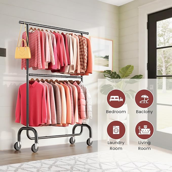 Heavy Duty Clothes Rack, 78.35" Rolling Clothing Rack for Hanging Clothes with Lockable Wheels, 6-Level Adjustable Double Rod Garment Rack for Bedroom, Laundry, Clothing Store, Black